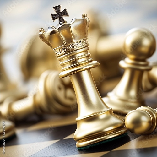 A close-up of a shiny golden chess king surrounded by pawns on a classic chessboard, emphasizing strategic gameplay and elegance.