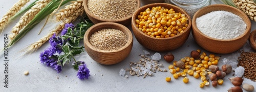 Various seeds and grains displayed in bowls alongside herbs and flowers on a ...