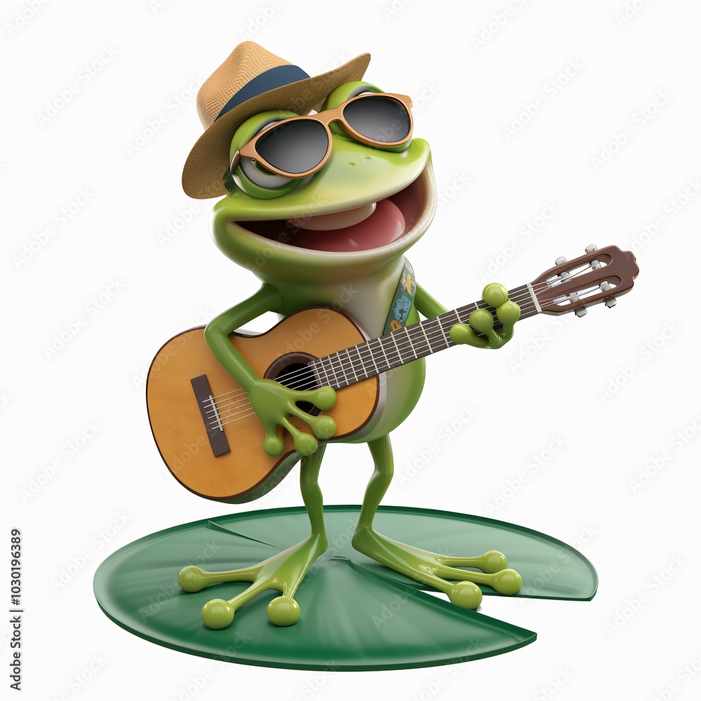 Obraz premium Frog singer holding a 3D guitar, wearing sunglasses and a hat, standing on a lotus leaf.