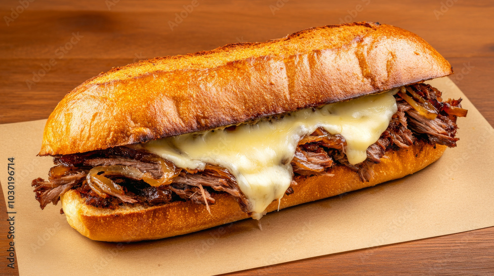 Juicy beef brisket sandwich with melted cheese and caramelized onions, served on toasted hoagie roll. delicious and hearty meal!