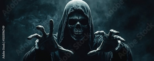 Against a black backdrop with copy space, a grim reaper is reaching for the camera.