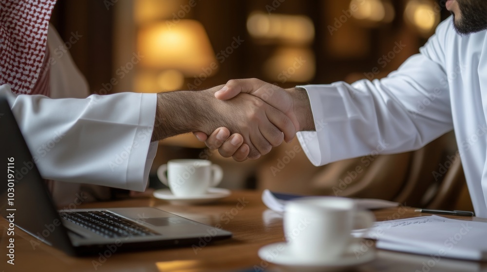 Two individuals in traditional attire engage in a handshake at a small table in a dimly lit cafe. A laptop and coffee cups sit nearby, indicating a productive business discussion unfolding. Two individuals in traditional attire engage in a handshake at a small table in a dimly lit cafe. A laptop and coffee cups sit nearby, indicating a productive business discussion unfolding.