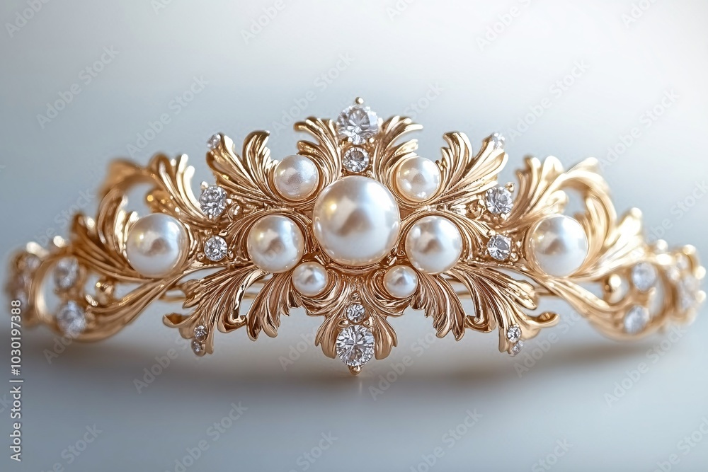 An elegant gold tiara adorned with pearls and intricate floral designs, showcasing understated luxury and refinement. An elegant gold tiara adorned with pearls and intricate floral designs, showcasing understated luxury and refinement.