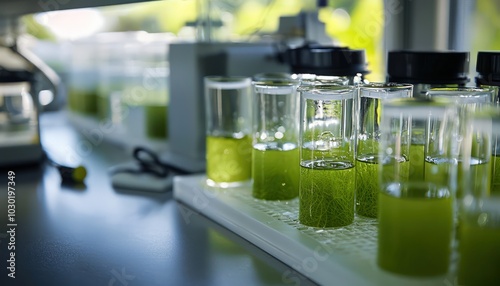 Biotechnology lab with algae samples for research on biofuels and renewable energy.