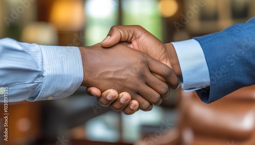 A professional handshake captures a moment of agreement between a recruiter and a candidate in an office setting, symbolizing trust and opportunity.