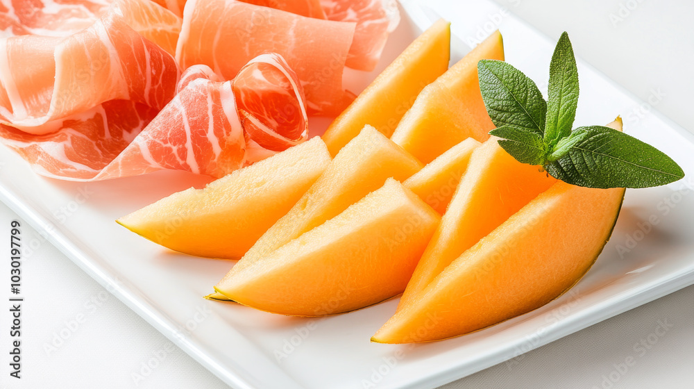 Fresh cantaloupe slices served with prosciutto and mint leaves create vibrant and appetizing dish. Fresh cantaloupe slices served with prosciutto and mint leaves create vibrant and appetizing dish.
