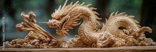 closeup of Intricate wooden dragon carving