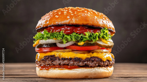 Juicy burger with layers of toppings, including lettuce, tomato, pickles, and cheese, served on sesame seed bun. delicious meal that satisfies cravings! photo