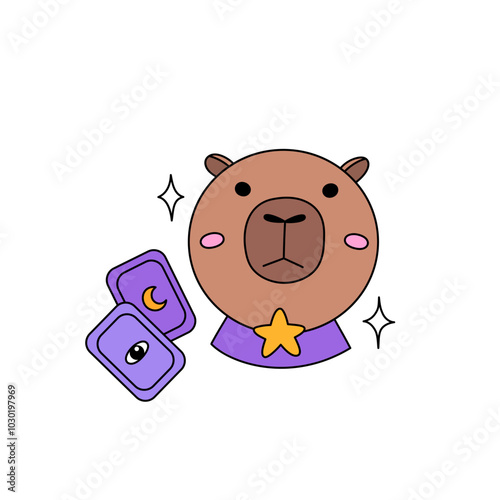 Funny capybara head as a magic ball for fortune telling. Tarot cards and stars. Joke character. Clipart on the theme of fairy tales and magic