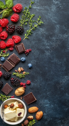 A colorful arrangement of fresh berries, nuts, and chocolate on a textured da...