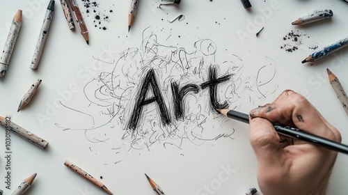 Hand drawing the word Art with scattered pencils, creating a messy yet inspiring sketch illustration on paper. photo