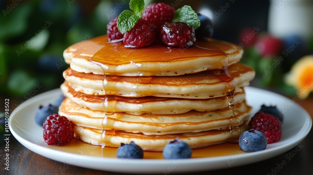 Delicious pancakes topped with maple syrup, raspberries, and blueberries on a white plate, perfect for a delightful breakfast. Delicious pancakes topped with maple syrup, raspberries, and blueberries on a white plate, perfect for a delightful breakfast.