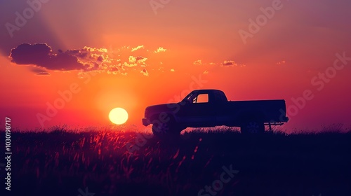 Silhouette of a pickup truck in the field at sunset