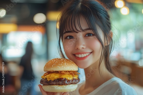 Happy Asian Woman Enjoying Fast Food Meal