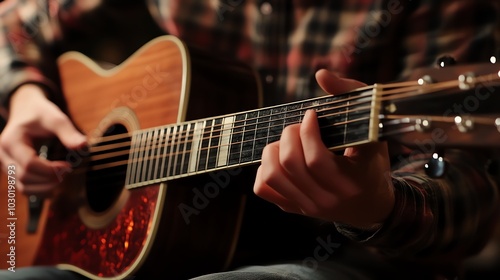 A musician plays an acoustic guitar. photo