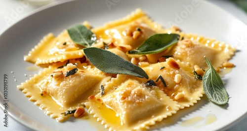 Delicious homemade ravioli topped with pine nuts and sage on a white plate