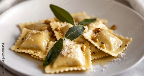 Delicious homemade ravioli topped with pine nuts and sage on a white plate