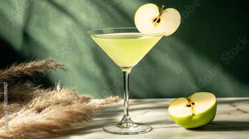 A vibrant green apple martini garnished with fresh apple slices, set against a textured green backdrop with soft lighting. photo