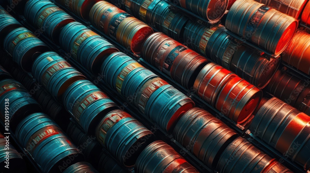 An indoor warehouse with stacked oil barrels An indoor warehouse with stacked oil barrels