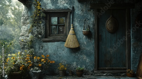 A rustic cottage with a blue door, a window with a  small, wooden frame, and a broom hanging on the wall. Yellow flowers bloom near the front door.