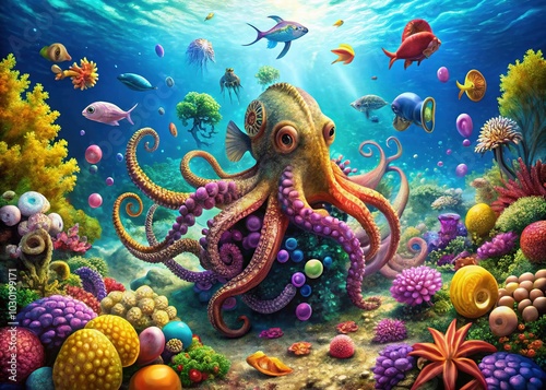 Zealously Fashionable Kraken in Vibrant Underwater Life â€“ A Colorful Exploration of Marine Fashion, Ocean Wonders, and Enchanting Sea Creatures photo