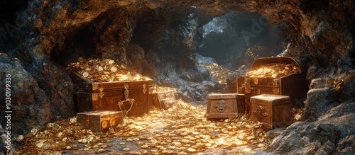 A cave filled with treasure chests and gold coins.