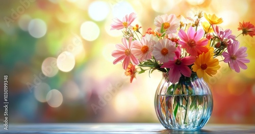 A vibrant bouquet of mixed flowers in a glass vase set against a soft blurred...