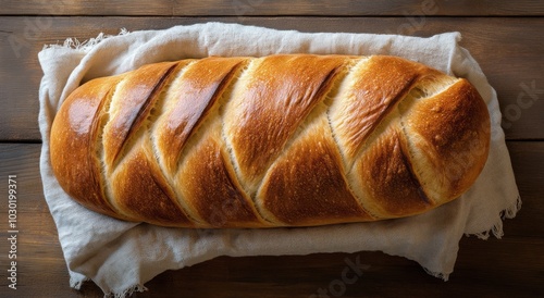 Freshly baked braided bread resting on a cloth in a rustic wooden setting