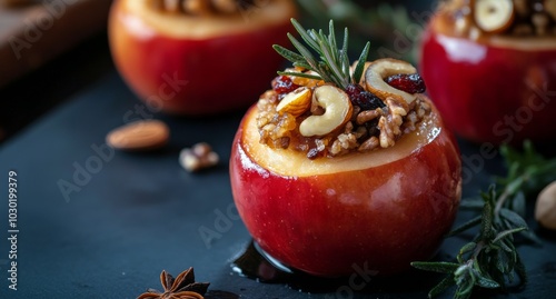 Delicious baked apples filled with nuts and spices on a dark wooden table