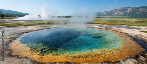 Vibrant blue hot spring with steam rising in Yellowstone National Park.