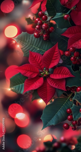 Bright red poinsettia surrounded by festive decorations during the holiday se...
