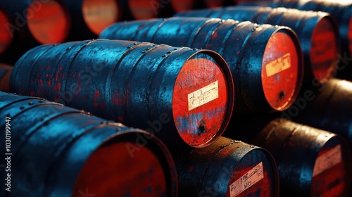 An indoor warehouse with stacked oil barrels photo