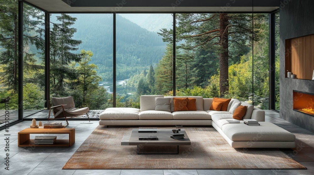 Fototapeta premium Stunning Modern Living Room Overlooking Woods