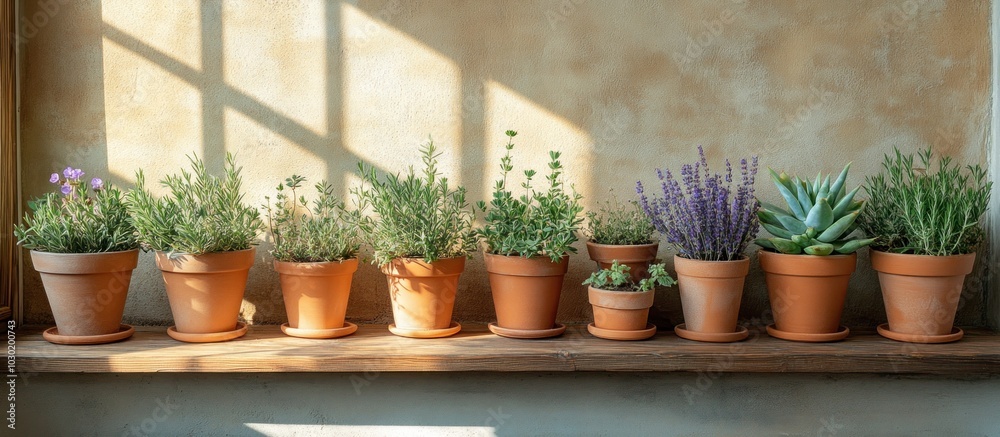 Row of potted plants on a windowsill with a natural light. Row of potted plants on a windowsill with a natural light.