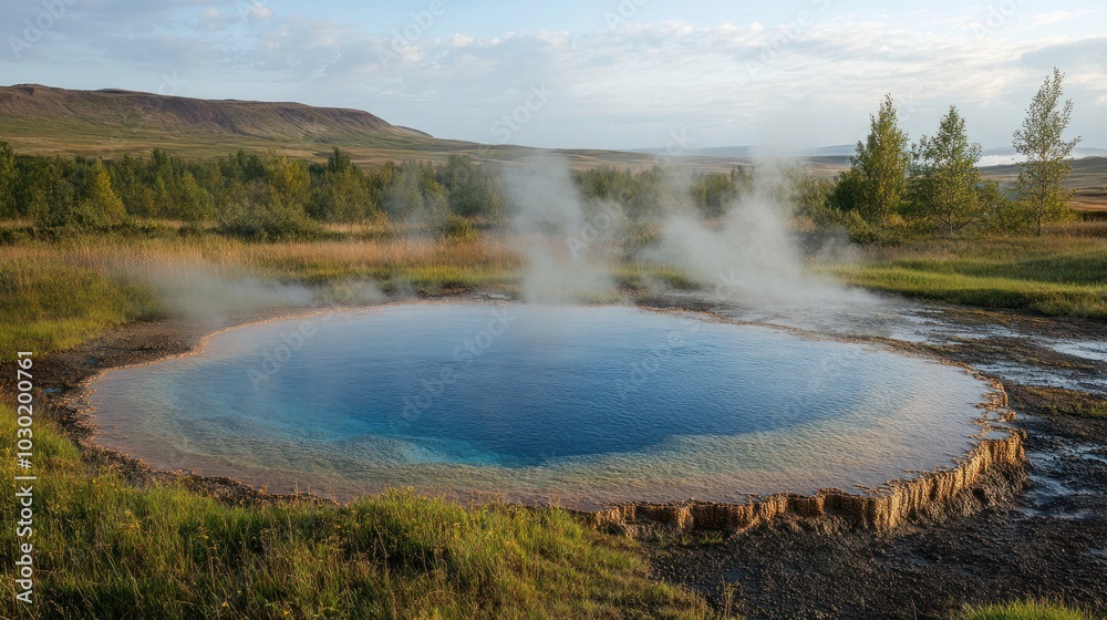 A steaming hot spring in a green field with a blue sky and mountains in the background. A steaming hot spring in a green field with a blue sky and mountains in the background.