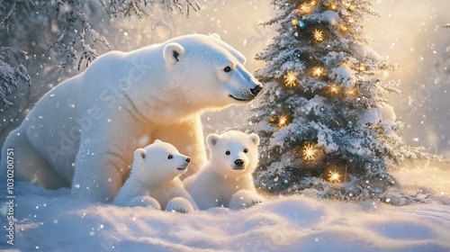 A cute polar bear family celebrating Christmas under a snowy tree