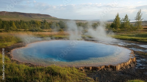 A steaming hot spring in a green field with a blue sky and mountains in the background.