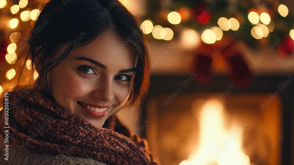 A warm and cheerful Christmas portrait of a smiling woman by the fireplace amidst festive decorations and glowing lights A warm and cheerful Christmas portrait of a smiling woman by the fireplace amidst festive decorations and glowing lights