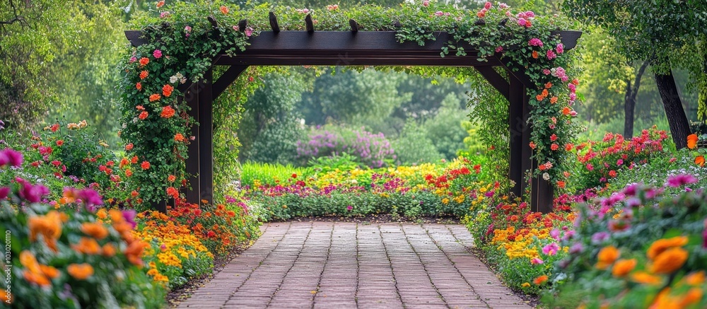 Obraz premium A wooden arbor covered in vines and flowers creates a beautiful entrance to a garden path. The path leads through a colorful field of flowers.