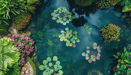 Aerial View of a Pond with Water Lilies and Surrounding Greenery