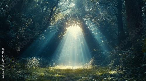 A mystical portal opening in the middle of a forest, with beams of light emerging. 