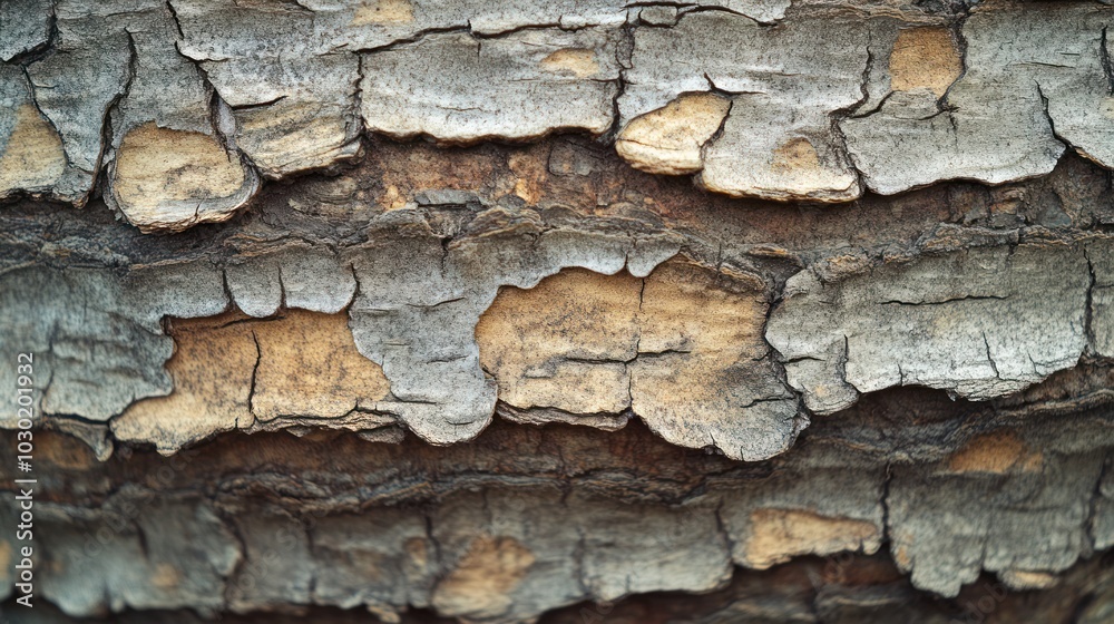 Close-up of rough tree bark with brown, gray, and beige tones. Close-up of rough tree bark with brown, gray, and beige tones.