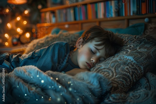 A close up of a child sleeping on a bed