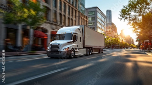 Driverless trucks navigating through an urban environment delivering goods Stock Photo with side copy space