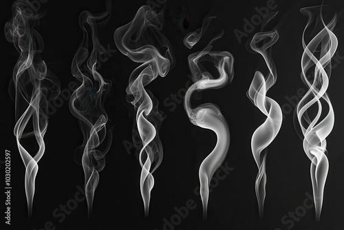 A collection of swirling smoke designs in various shapes, perfect for use in graphic design and artistic projects. Ideal for themes of mysticism, vapor, abstract backgrounds, or visual effects.