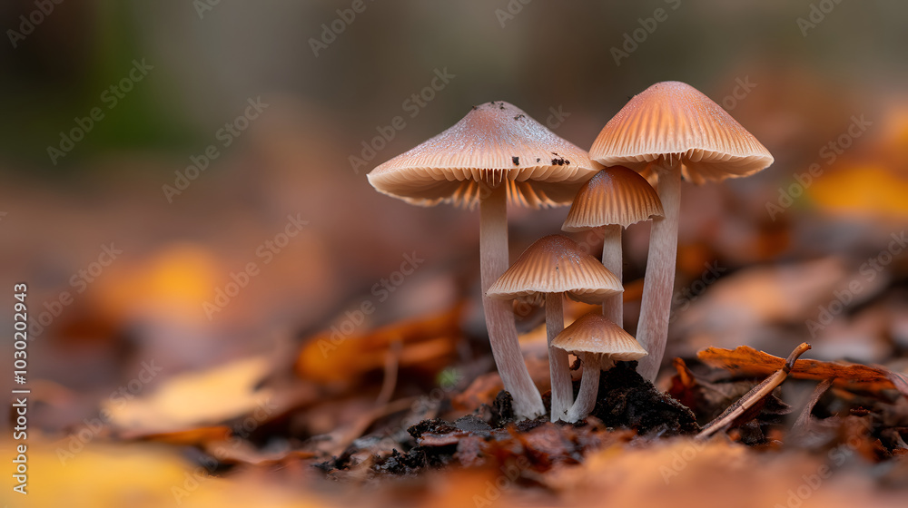 Closeup of Small Brown Mushrooms Growing in Autumn Leaves Closeup of Small Brown Mushrooms Growing in Autumn Leaves