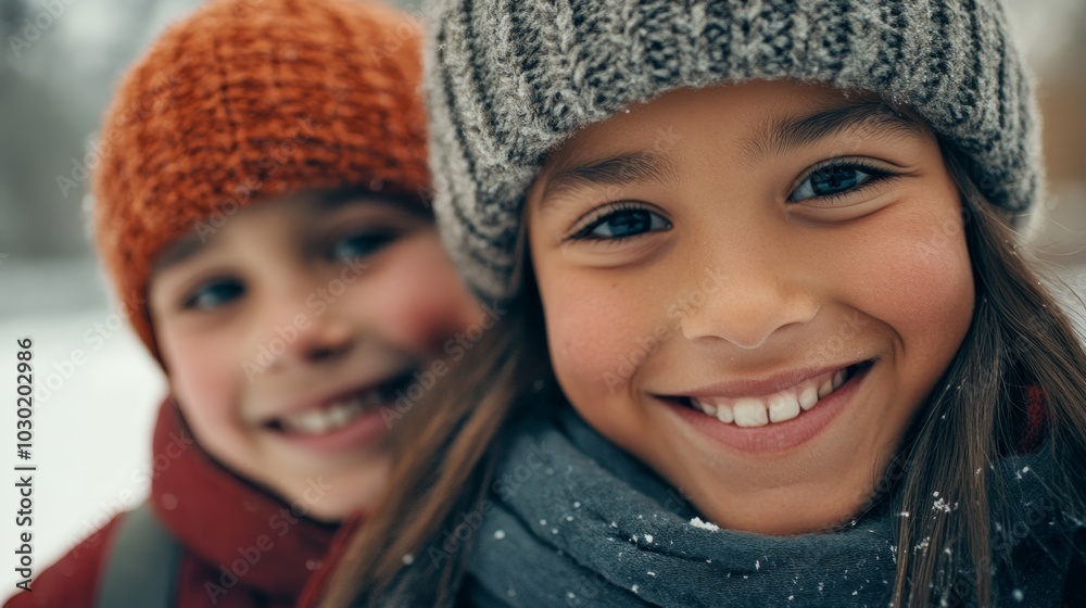 Children enjoying a winter day outdoors, smiling happily while wearing cozy hats and scarves against a snowy background Children enjoying a winter day outdoors, smiling happily while wearing cozy hats and scarves against a snowy background