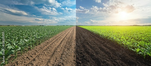 A field of crops with a single row of tilled soil running down the middle. The field is divided in half, with one side showing the sun setting and the other side showing the sun rising.