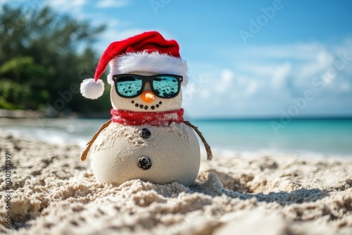 An image of a sandy snowman dressed in a red Santa hat on a beach by the sea.