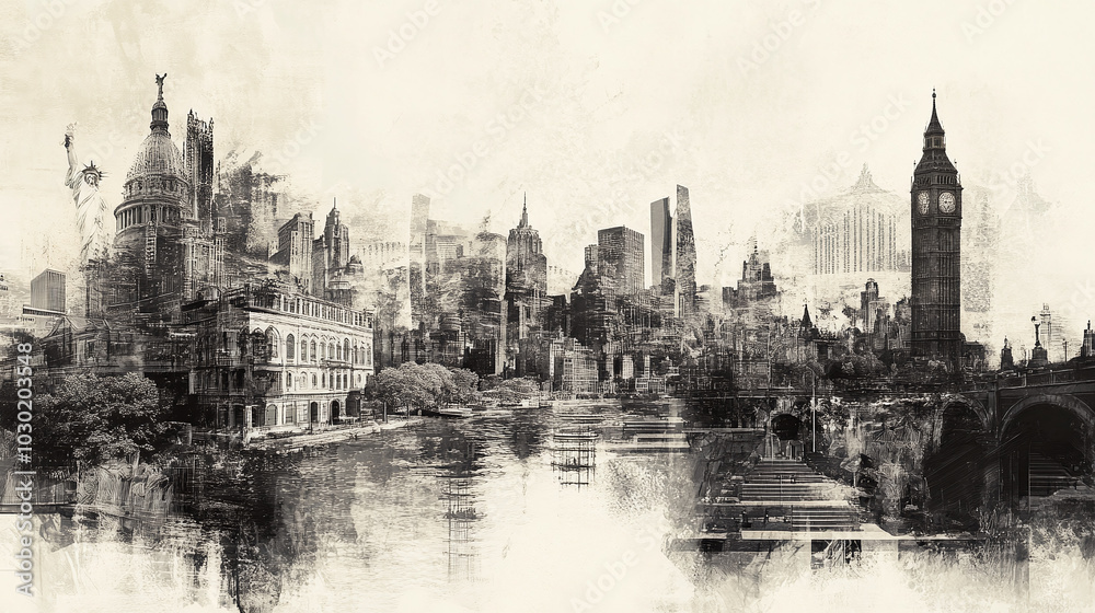 Fototapeta premium panoramic view of america skyscraper buildings american architecture nyc usa united satates ruban city view watercolor artistic illustration modern first world land marks digital painting liberty